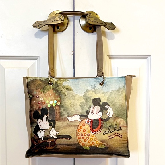 Disney Handbags - Disneyland Minnie & Mickey Mouse Aloha Hawaii sequin tan zipper tote bag 12"X10"